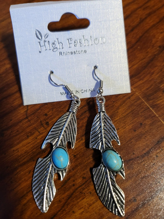 Pierced Earrings Silver Feathers & Turquoise stone ~2"L French Hooks
