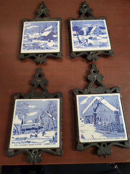 Vintage Trivet Currier & Ives Homestead 4 Interpur Steel & Ceramic Hot Pad Pot