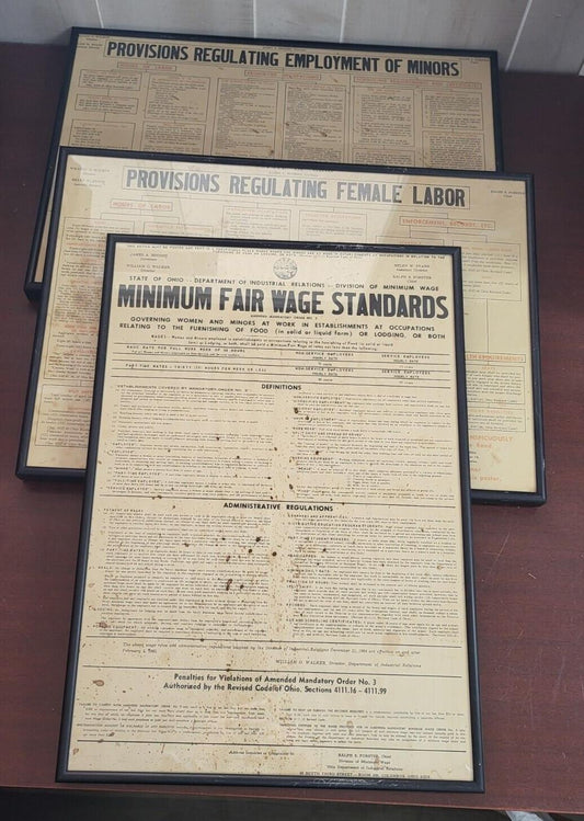 3 Vintage Ohio Labor Posters 1963 MINORS FEMALES MINIMUM WAGE Framed   19 x 13.5