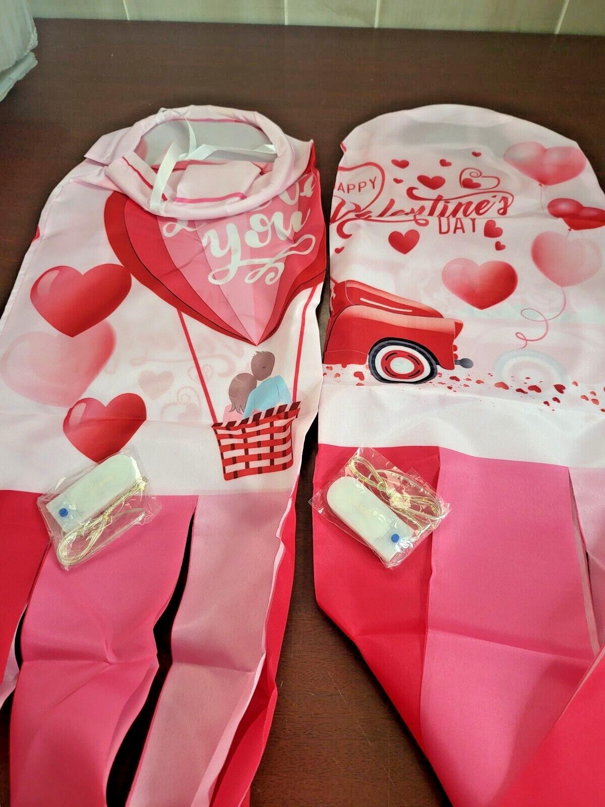 2 Lighted Valentines Day Wind Socks Flags 6W x 34"L  Love Hearts Flowers