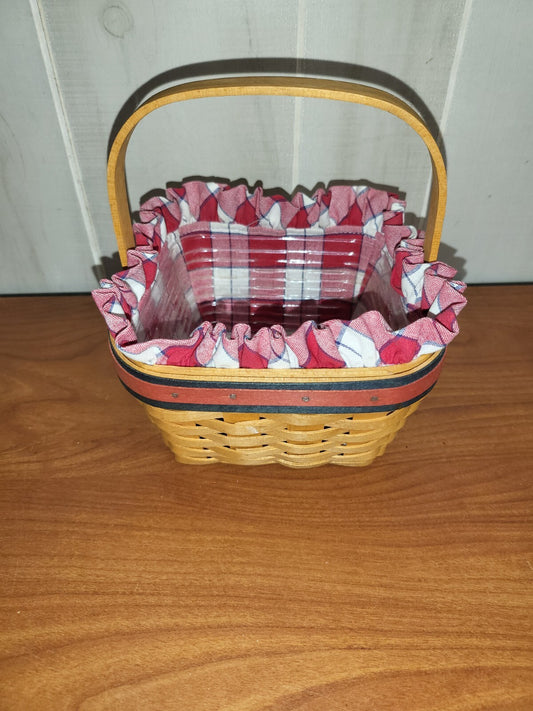 Longaberger Basket 2005 Dresden 5.5"Round 3.5"H + handle Red Stripe Fabric Liner