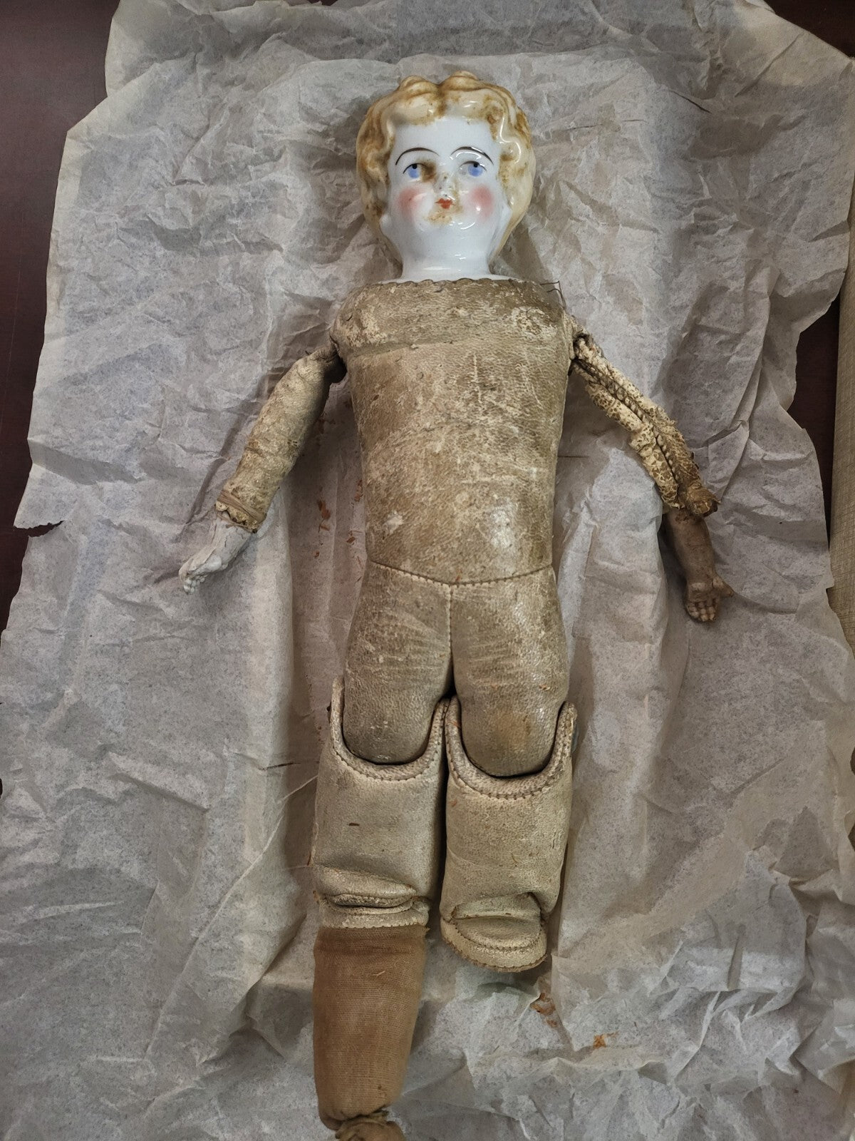 Antique German Parian Doll Blue Eyes, Needs Love ~13"H Porcelain Head Leather