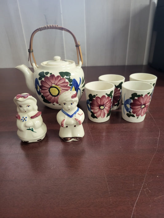 Vintage Japanese Kitchen Set  Tea Pot Cups Salt Pepper Shakers Hand Painted