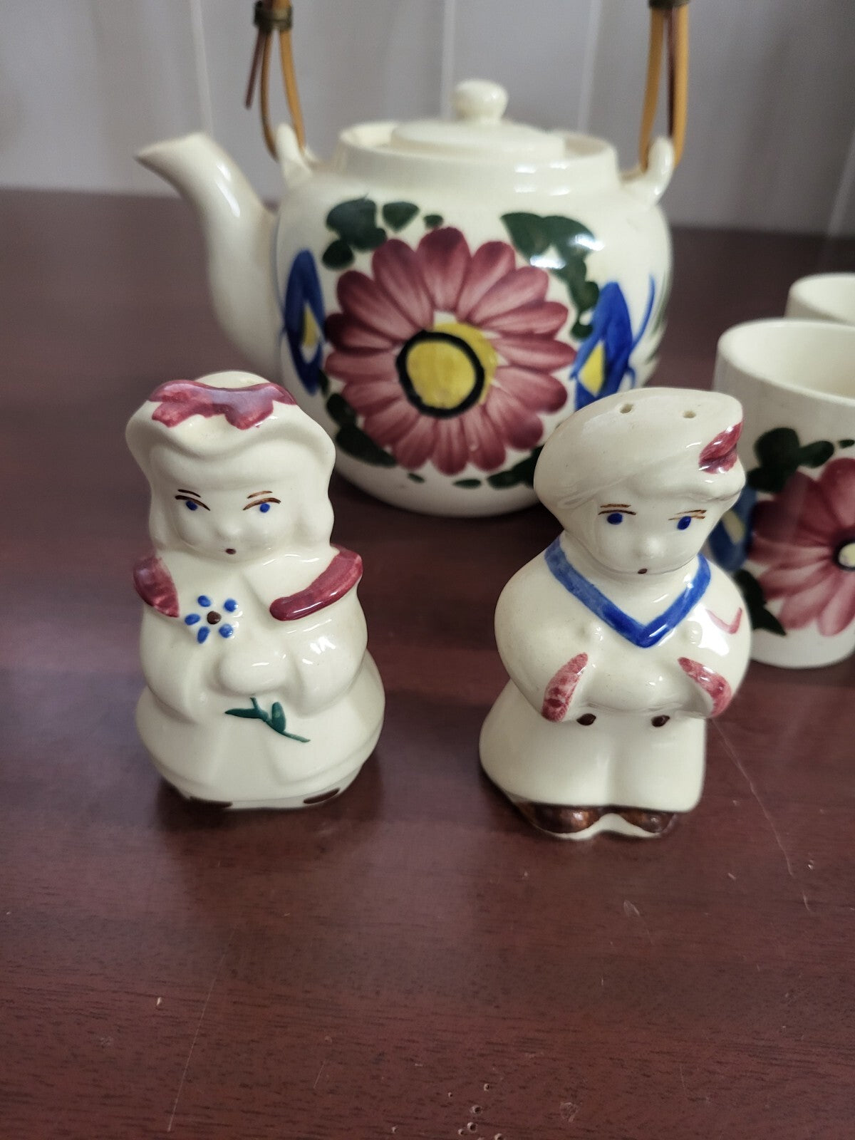 Vintage Japanese Kitchen Set  Tea Pot Cups Salt Pepper Shakers Hand Painted
