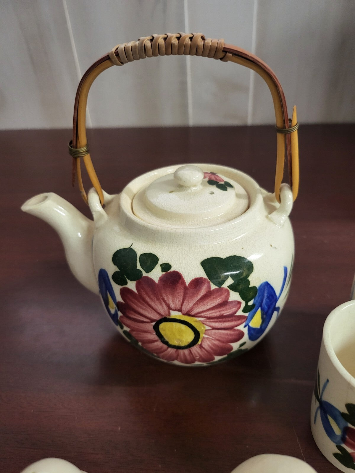 Vintage Japanese Kitchen Set  Tea Pot Cups Salt Pepper Shakers Hand Painted