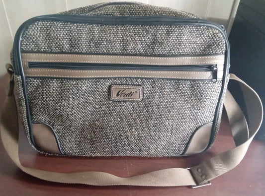 Verdi Vintage Tweed Leather Trim with Pockets Travel Bag  Shoulder Brown Grey