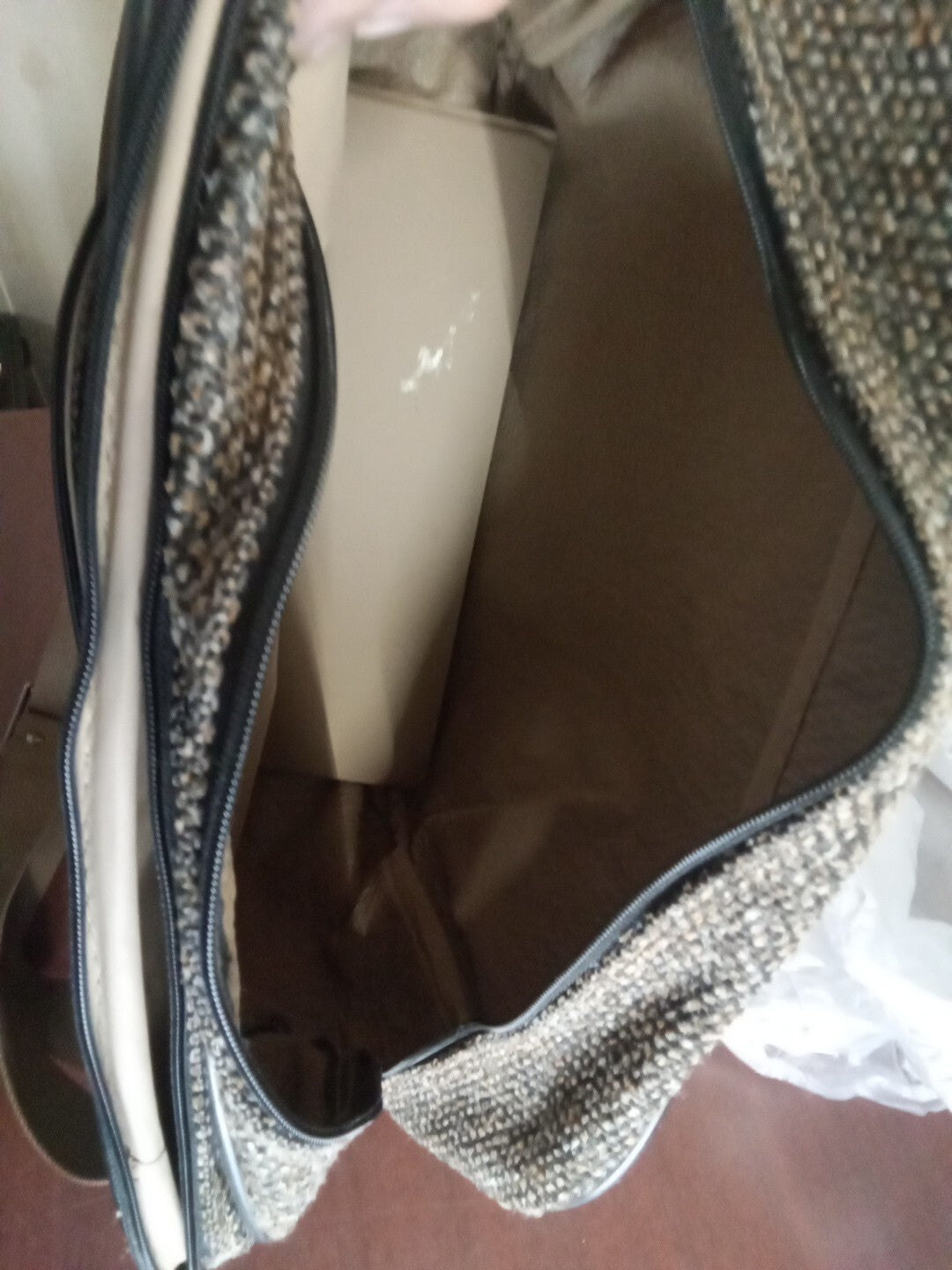 Verdi Vintage Tweed Leather Trim with Pockets Travel Bag  Shoulder Brown Grey