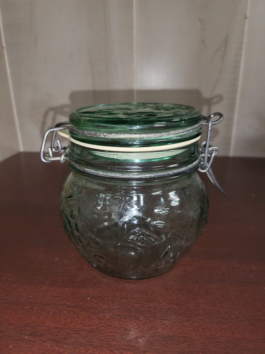 Libbey Canada Hermetic Green Glass Jar Hinged Lid Fruit Pattern Seal & Wir #3070
