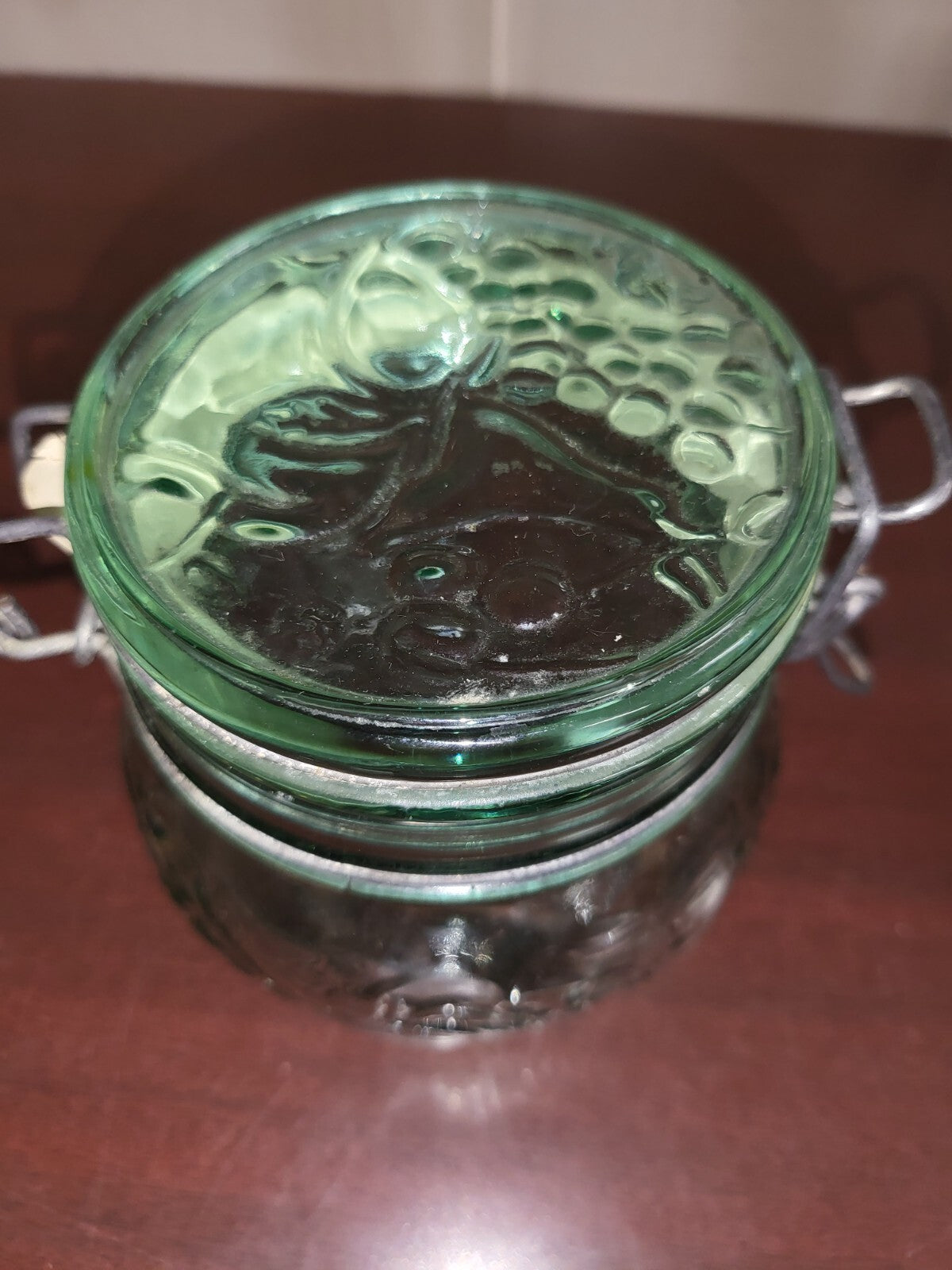 Libbey Canada Hermetic Green Glass Jar Hinged Lid Fruit Pattern Seal & Wir #3070