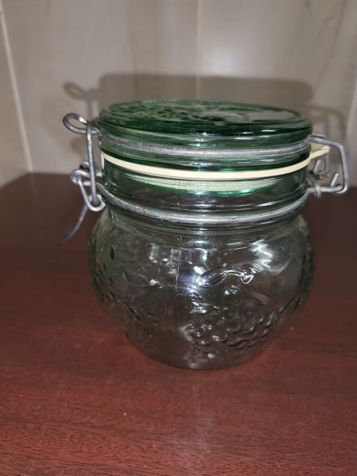 Libbey Canada Hermetic Green Glass Jar Hinged Lid Fruit Pattern Seal & Wir #3070