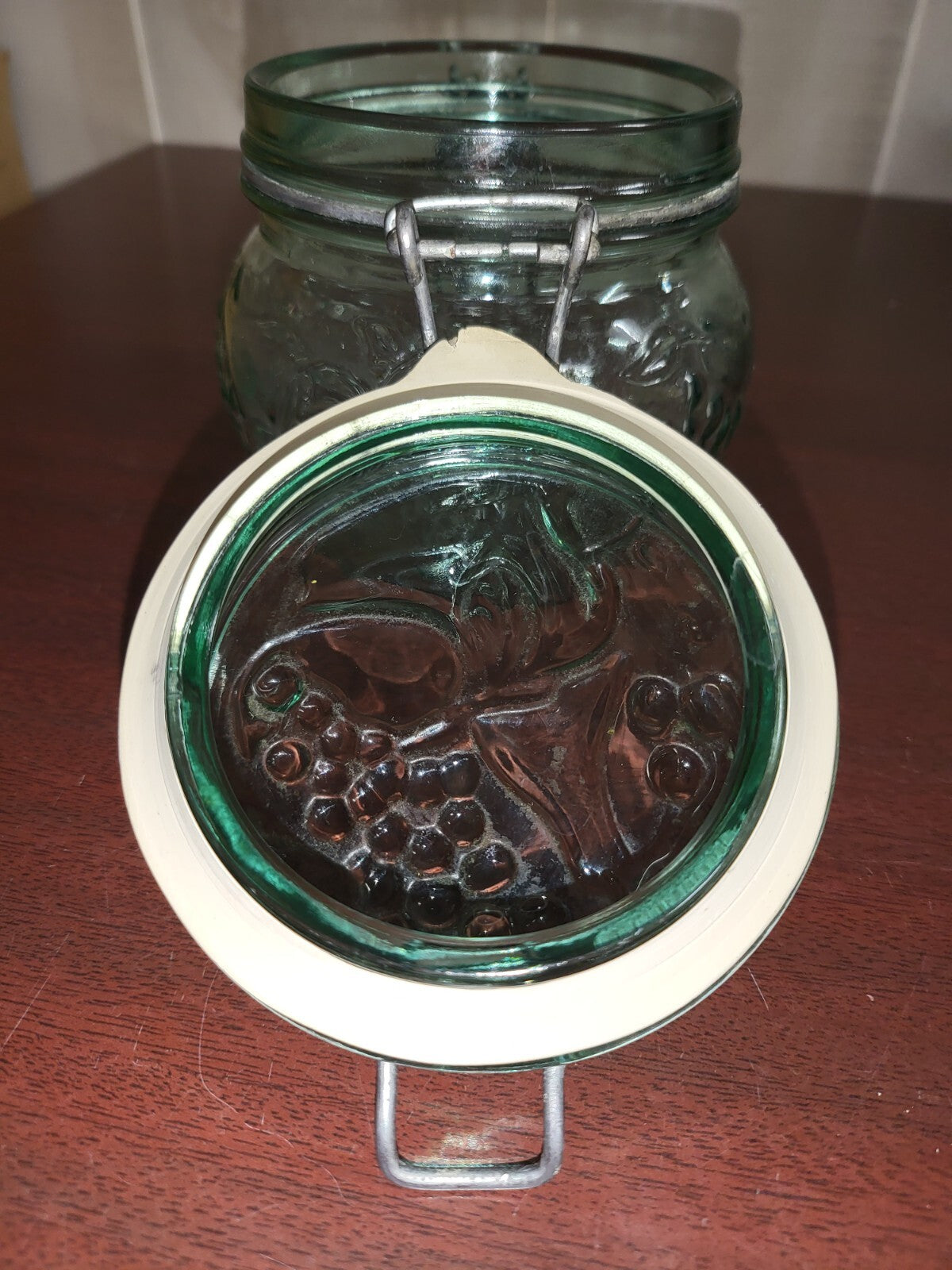 Libbey Canada Hermetic Green Glass Jar Hinged Lid Fruit Pattern Seal & Wir #3070