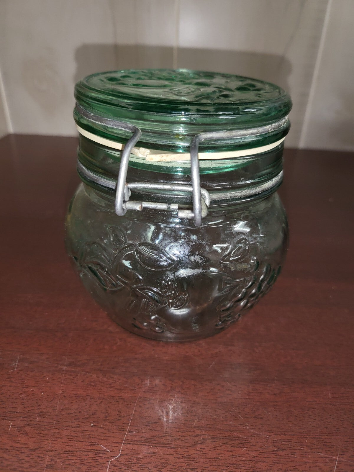Libbey Canada Hermetic Green Glass Jar Hinged Lid Fruit Pattern Seal & Wir #3070