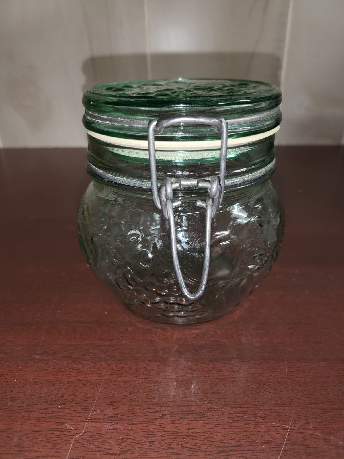 Libbey Canada Hermetic Green Glass Jar Hinged Lid Fruit Pattern Seal & Wir #3070