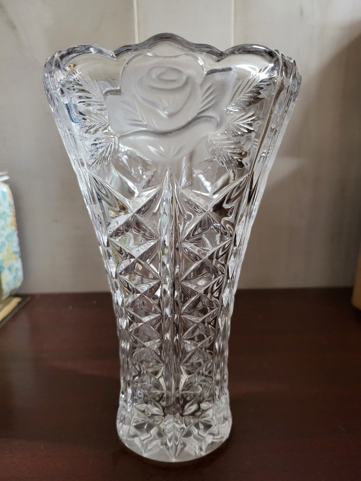 Lead Crystal Vase 7" Frosted Rose Floral ~ Unmarked 2.3lbs 5"W #4165