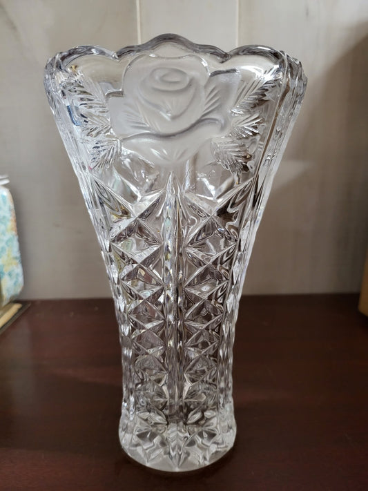 Lead Crystal Vase 7" Frosted Rose Floral ~ Unmarked 2.3lbs 5"W #4165