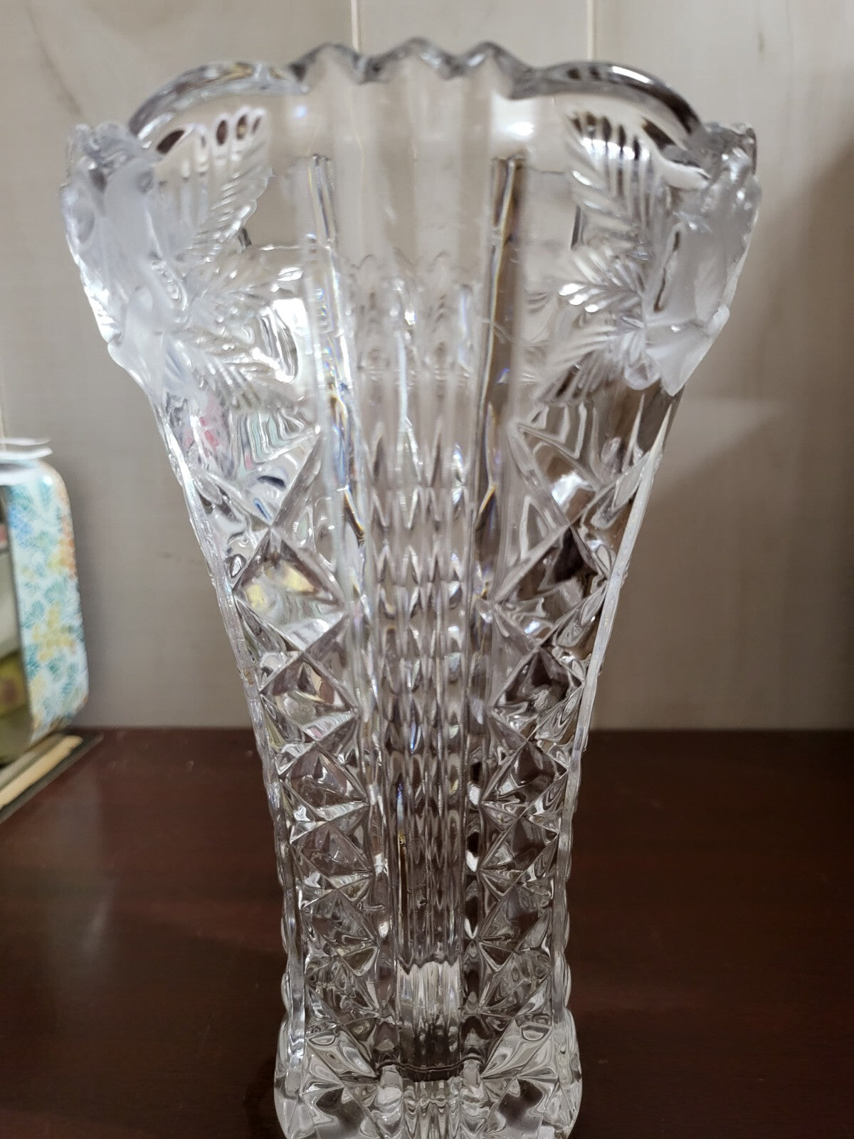Lead Crystal Vase 7" Frosted Rose Floral ~ Unmarked 2.3lbs 5"W #4165