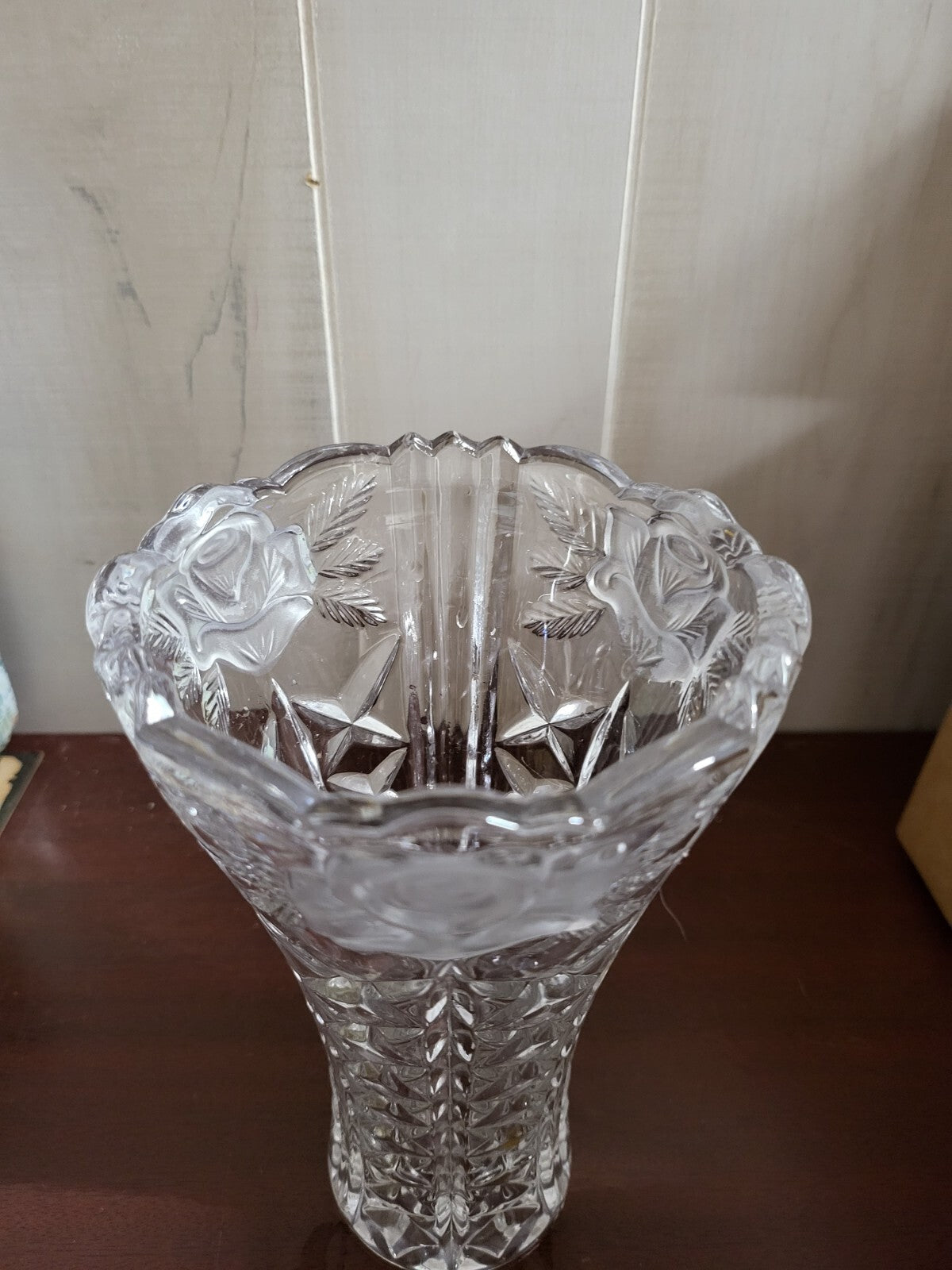 Lead Crystal Vase 7" Frosted Rose Floral ~ Unmarked 2.3lbs 5"W #4165
