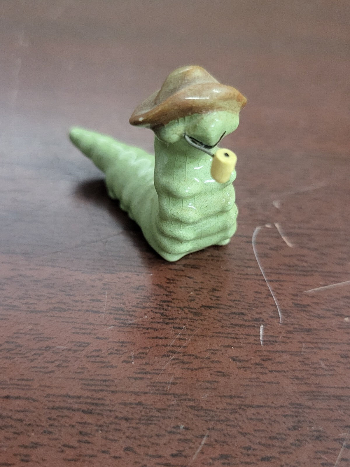 Vintage Hagan Renaker Inchworm Caterpillar With Pipe & Brown Hat Figurine 1"H