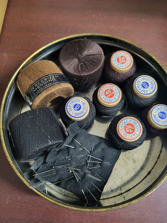 Grandma's Vintage Sewing Box Tin FULL J&P Coats MORE  ~8.5" Round