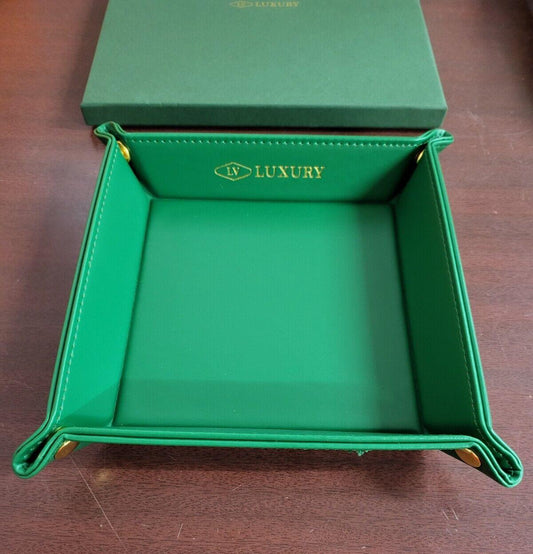 LV Luxury Travel / Home Valet Bowl Leather Green Square for Keys, Watch, Money