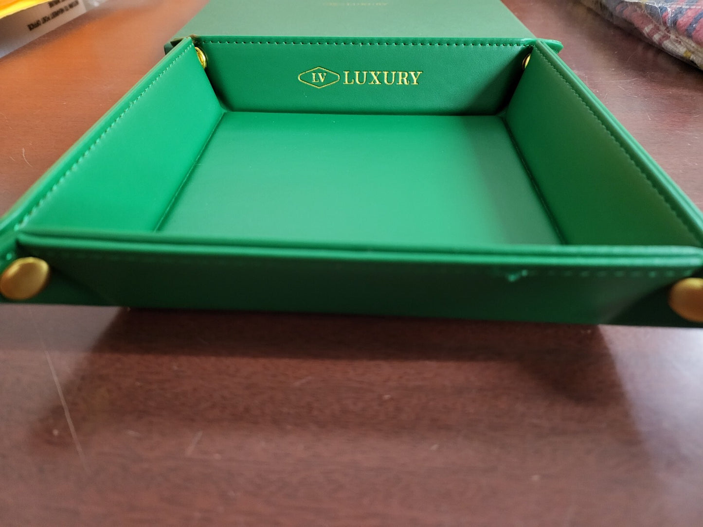 LV Luxury Travel / Home Valet Bowl Leather Green Square for Keys, Watch, Money