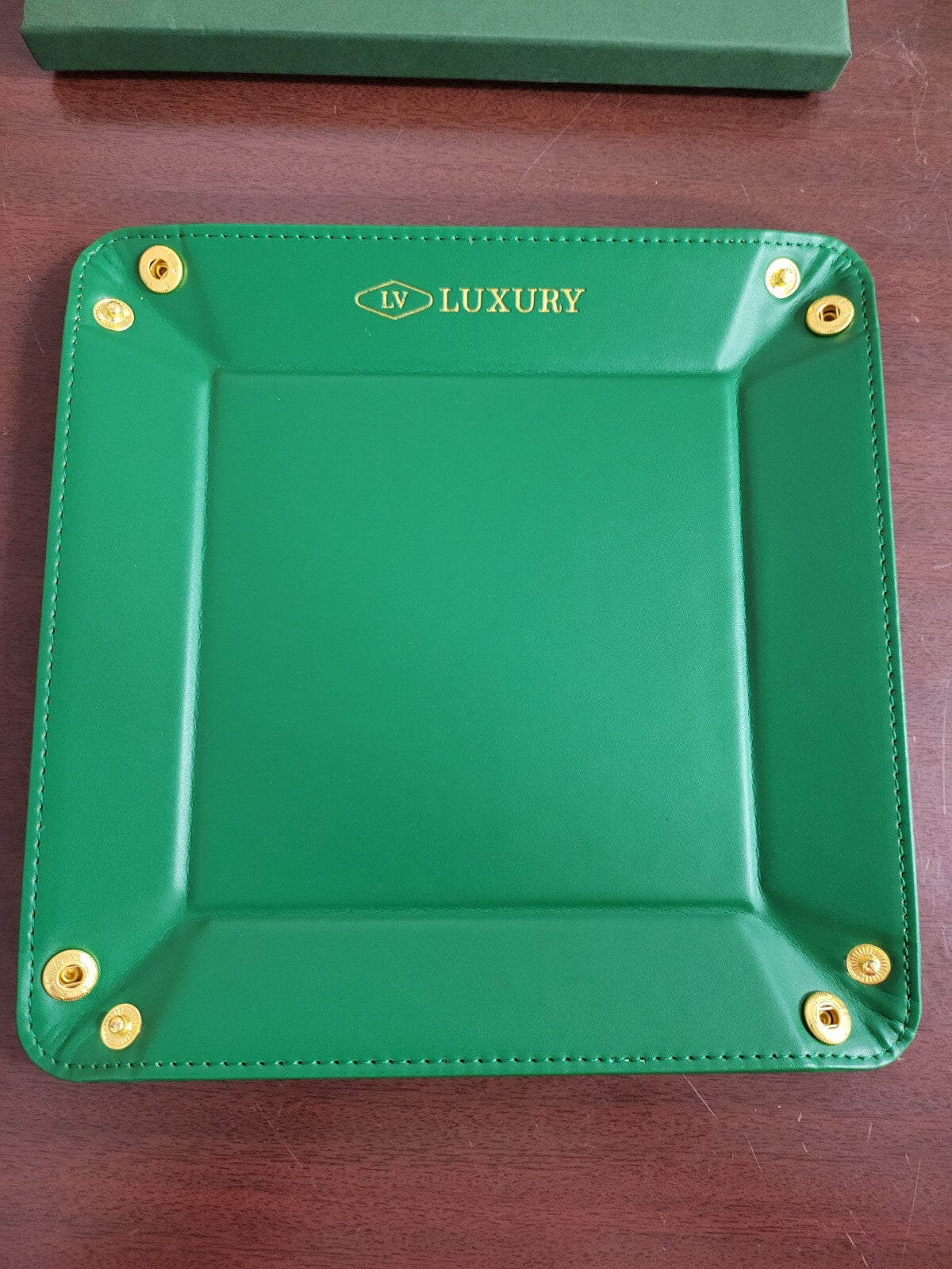LV Luxury Travel / Home Valet Bowl Leather Green Square for Keys, Watch, Money