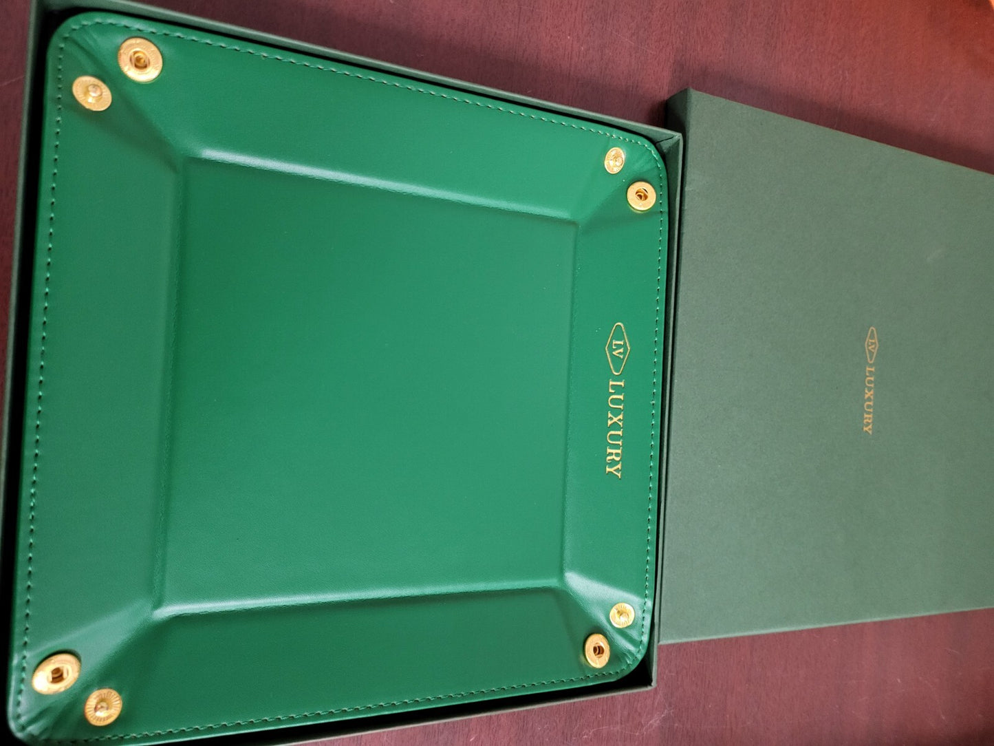 LV Luxury Travel / Home Valet Bowl Leather Green Square for Keys, Watch, Money