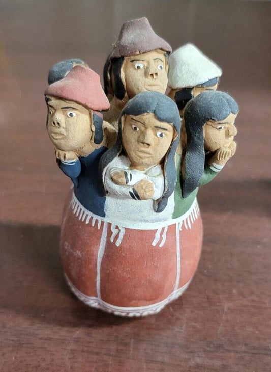 Vintage Peruvian Terra Cotta Clay Pottery Circle of 7 People 4"H