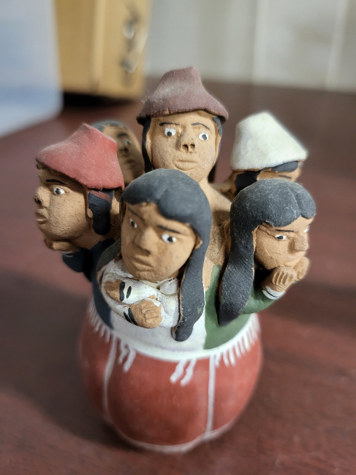 Vintage Peruvian Terra Cotta Clay Pottery Circle of 7 People 4"H