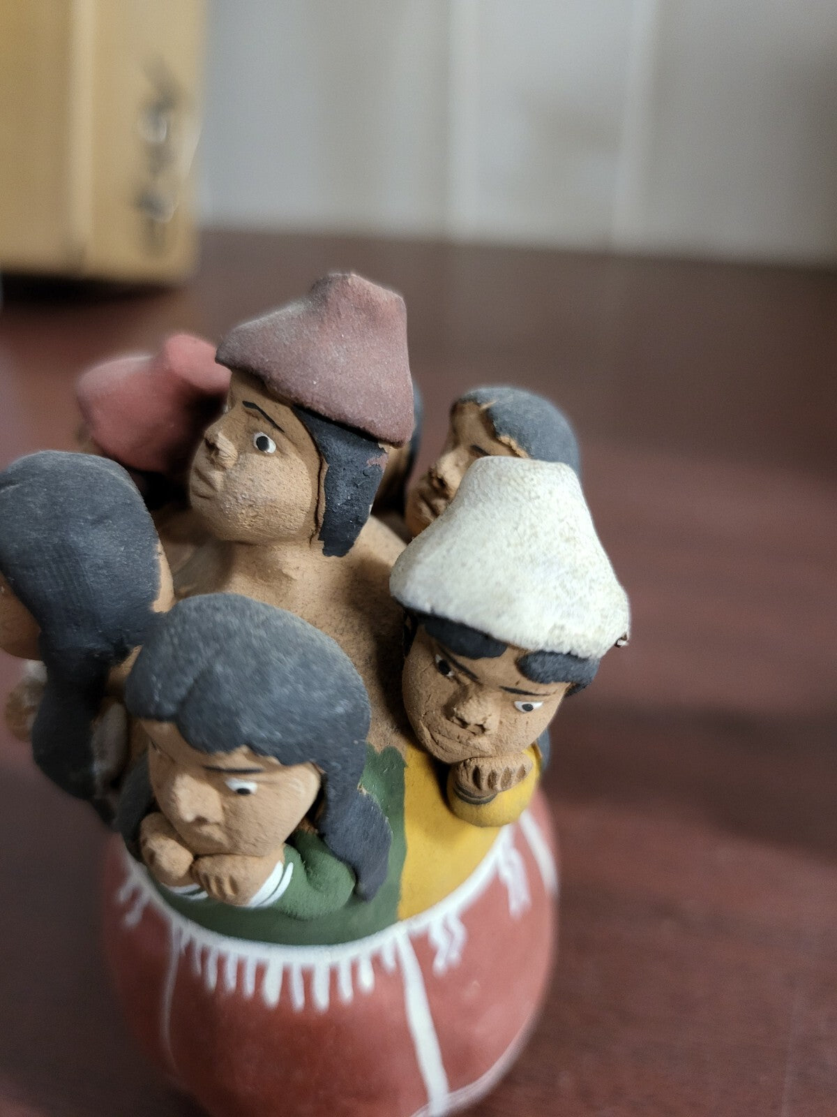 Vintage Peruvian Terra Cotta Clay Pottery Circle of 7 People 4"H