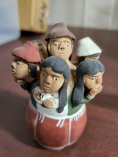 Vintage Peruvian Terra Cotta Clay Pottery Circle of 7 People 4"H