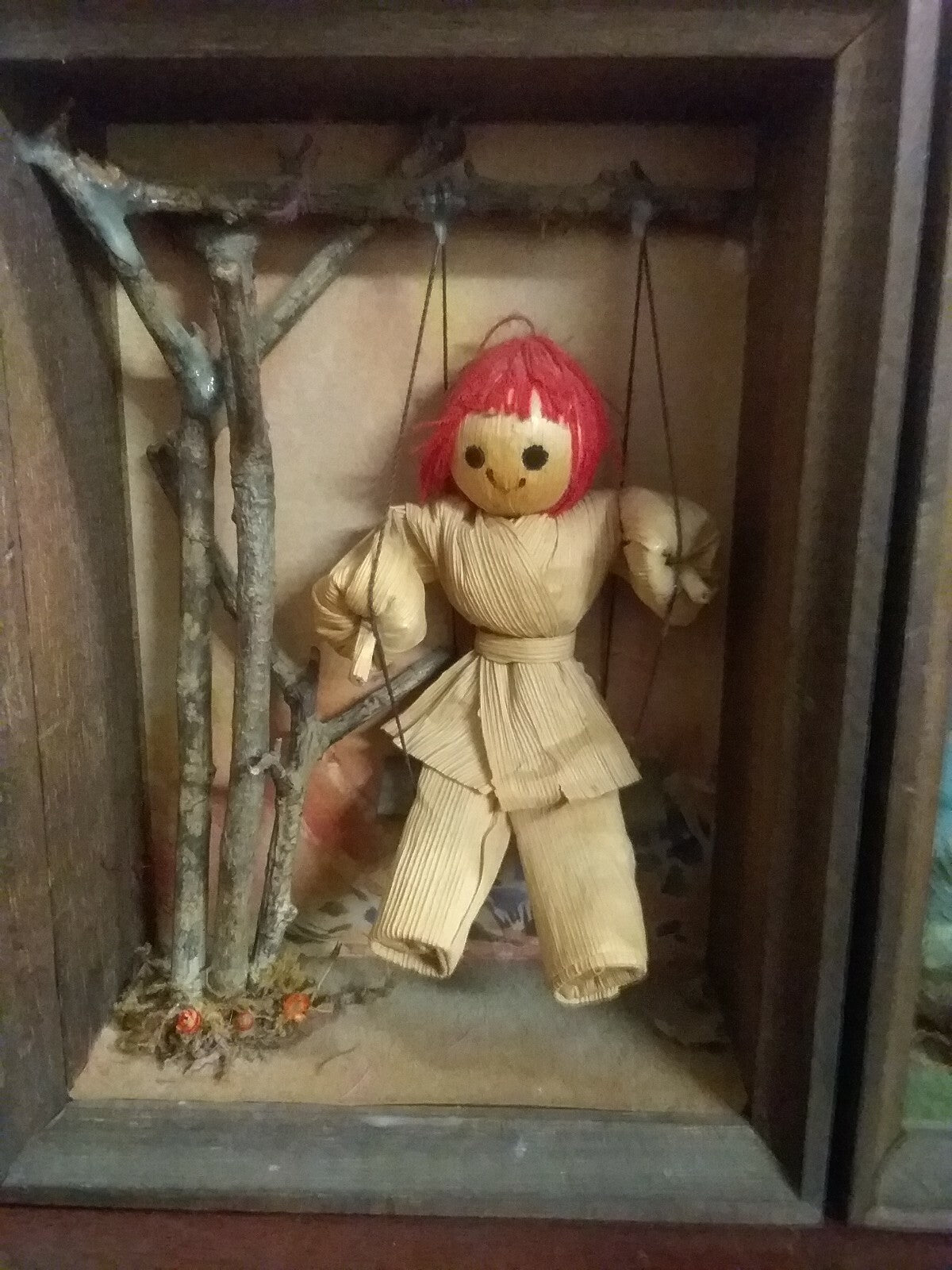 2 Enesco Corn Husk Doll Wood Frame Shadow Box Wall Hanging 8x6x3"ea
