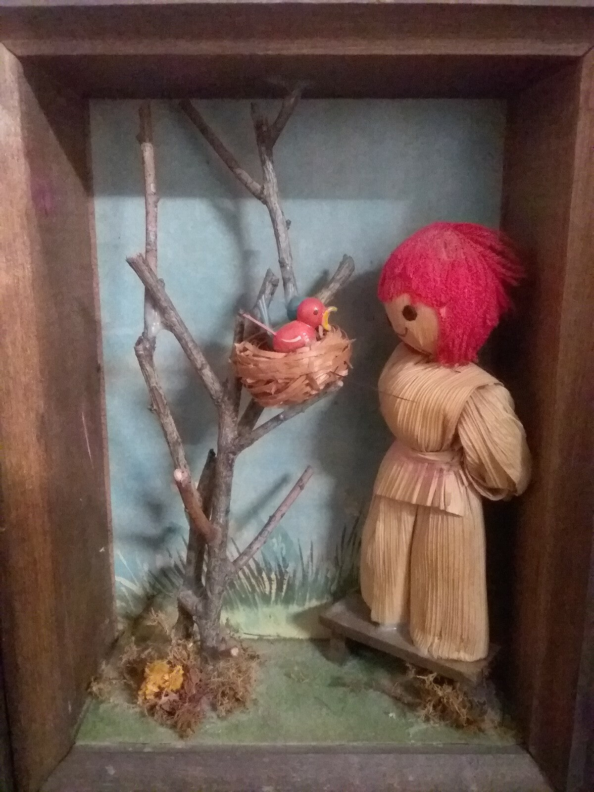 2 Enesco Corn Husk Doll Wood Frame Shadow Box Wall Hanging 8x6x3"ea