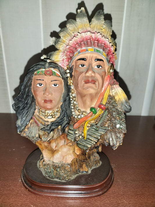 EDC Native American Indian Figurine Man Headress & Woman 9.5H x 6 x 4.5"  #4124
