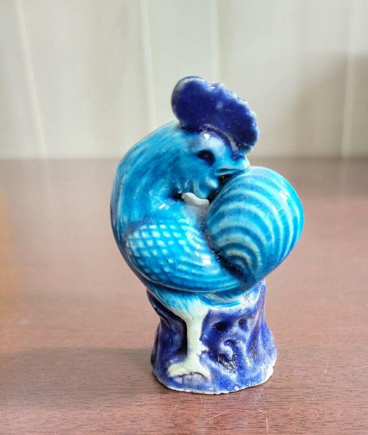 Vintage Chinese Mud Pottery Bird Hen Figurine Chicken Blue / Purple 3"H #4289