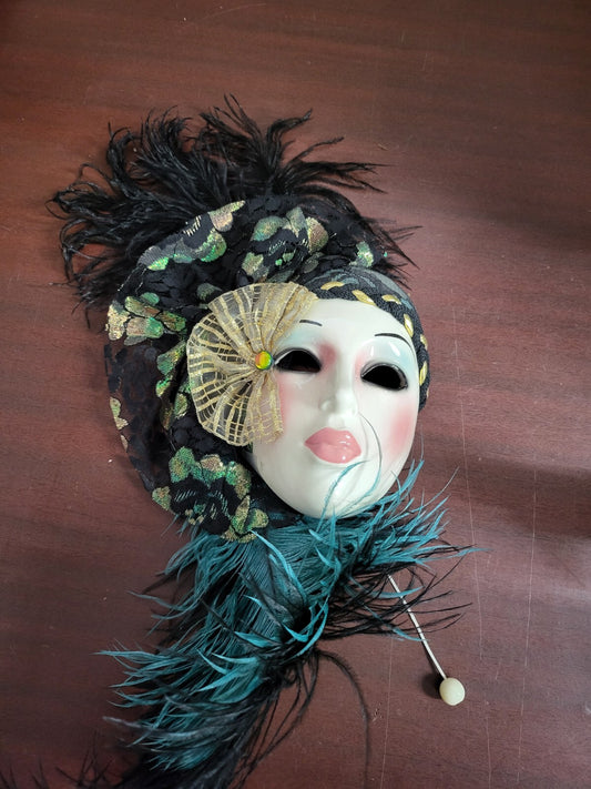 Vintage Clay Art Ceramic Mask Music Box  Video  mask is 7"H + feathers