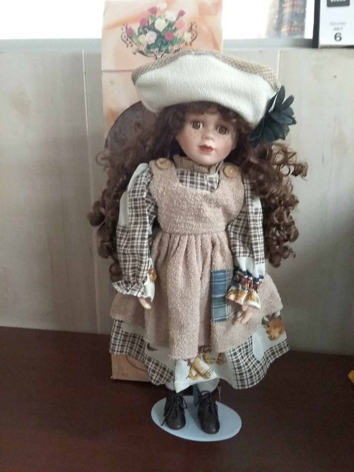 W & E Porcelain Doll Collection 16" Autumn Clothing & Hat with Stand   Box Rough