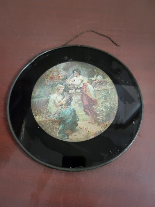 Antique Victorian Glass Hanging 9" Surrounded BY Metal Band Cardboard Back #4150