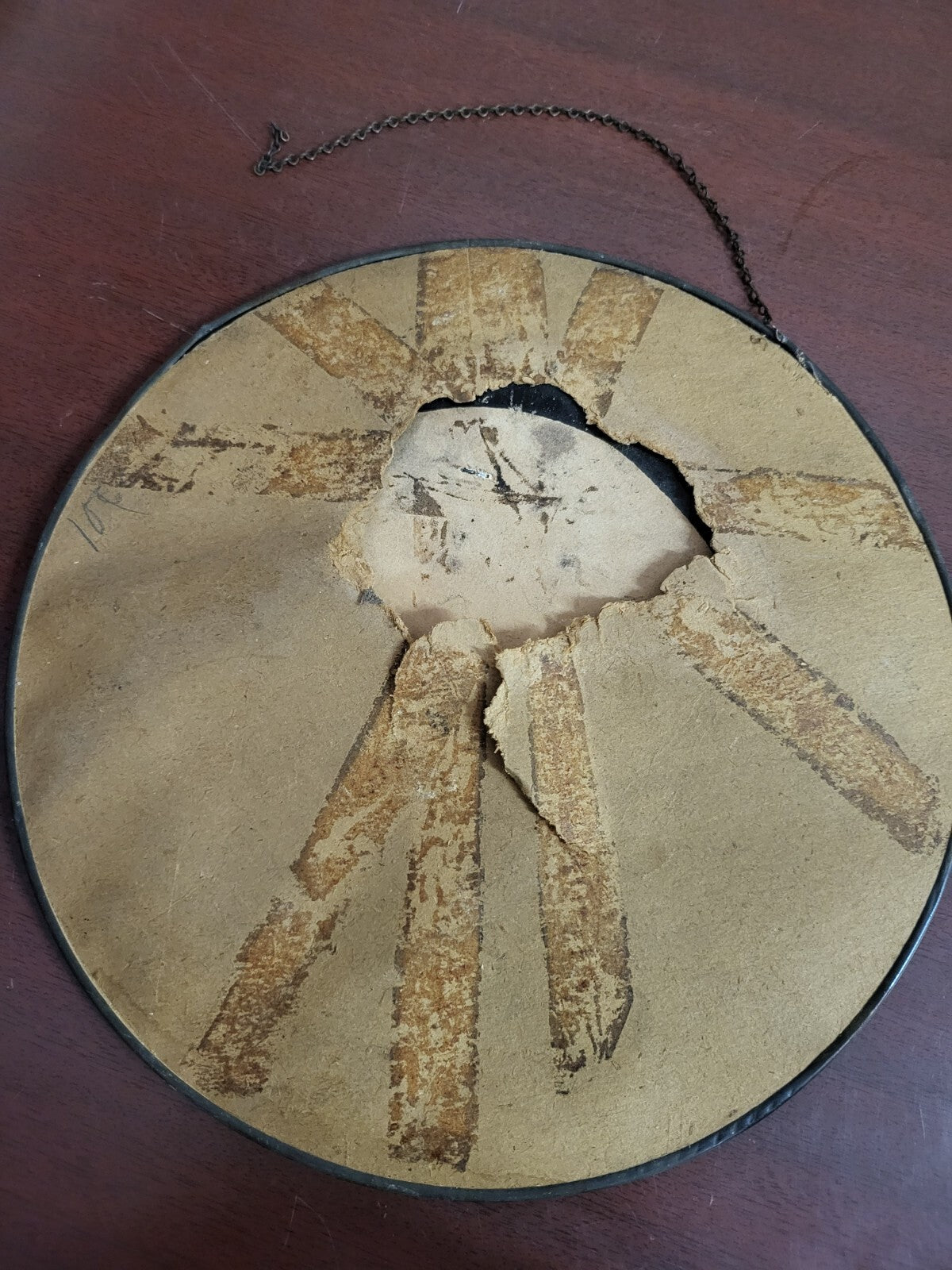 Antique Victorian Glass Hanging 9" Surrounded BY Metal Band Cardboard Back #4150