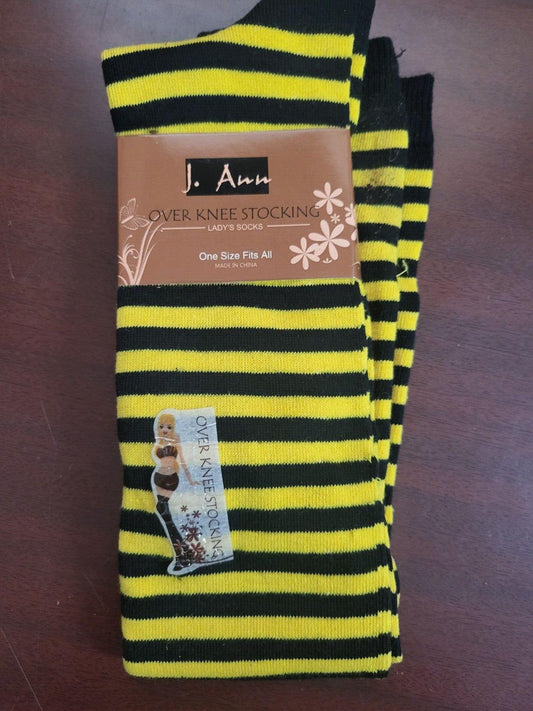 J Ann Over The Knee Socks Black Yellow Narrow Stripe Soft Feel   NWT   HiBaly