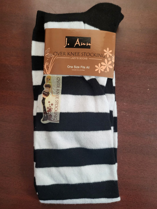 J Ann Over The Knee Socks Black White Wide Stripe Soft Feel   NWT   HiBaly