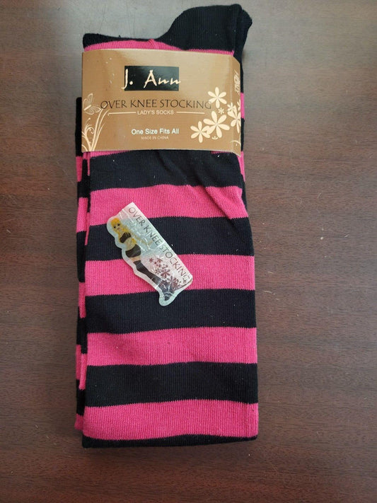 J Ann Over The Knee Socks Pink Black Wide Stripe Soft Feel   NWT   HiBaly