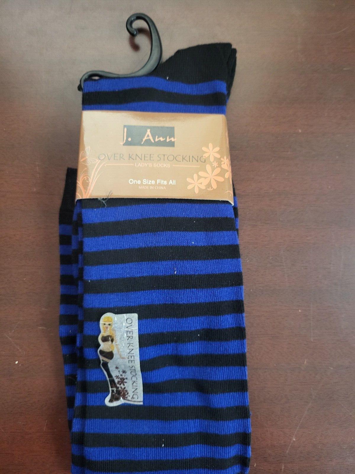 J Ann Over The Knee Socks Black Blue Narrow Stripe Soft Feel   NWT   HiBaly