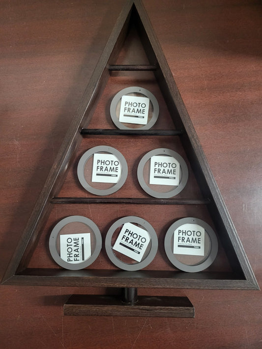 Wood Tree Shaped Photo Frame Display 17.5 x 12 x 1.5" with 6 Round Double Sided