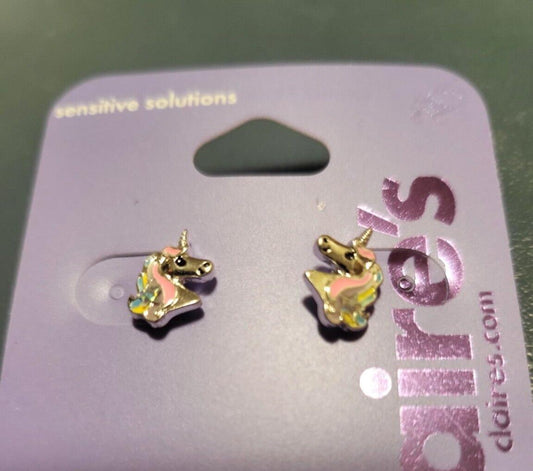 Claire's Pierced Earrings Unicorns Silver & Multicolor ~1/4w x 1/2"H  Sensitive