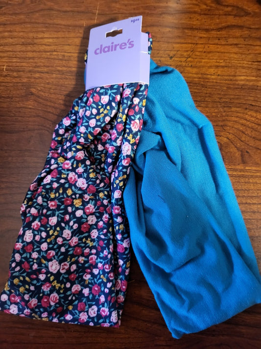 Claire's 2 Pack Head Bands Hair Hair Wrap Blue & Floral 18" Stretch Knit Cotton