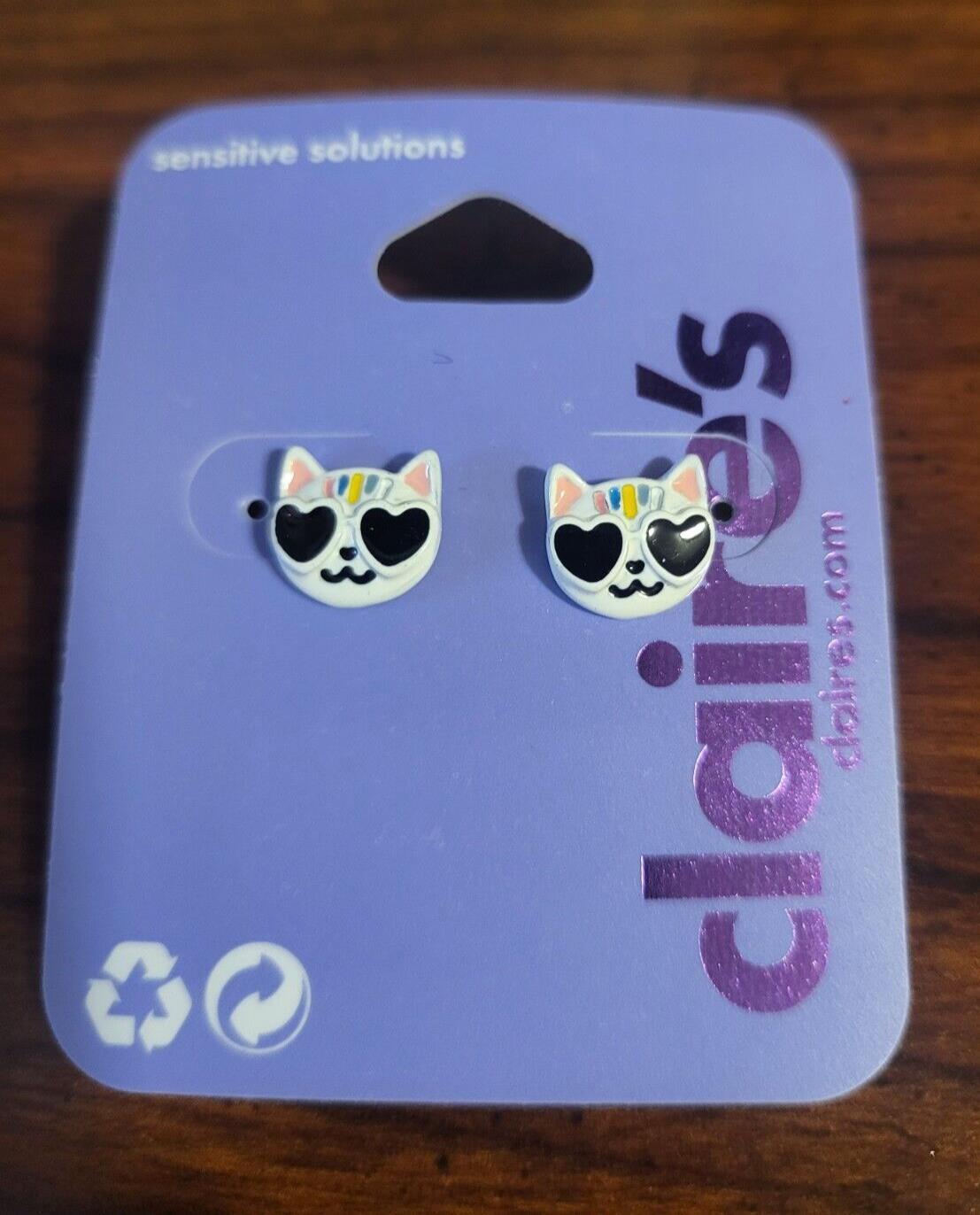 Claire's Pierced Earrings White Enamel Cats Black Heart Sunglasses ~3/8" Sensiti