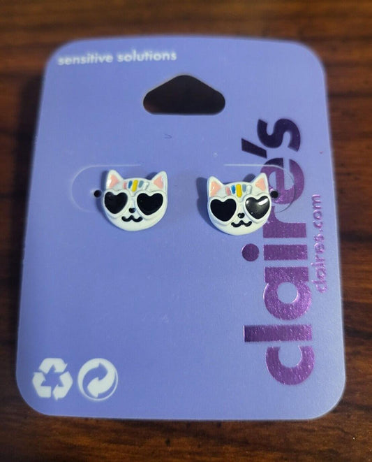Claire's Pierced Earrings White Enamel Cats Black Heart Sunglasses ~3/8" Sensiti
