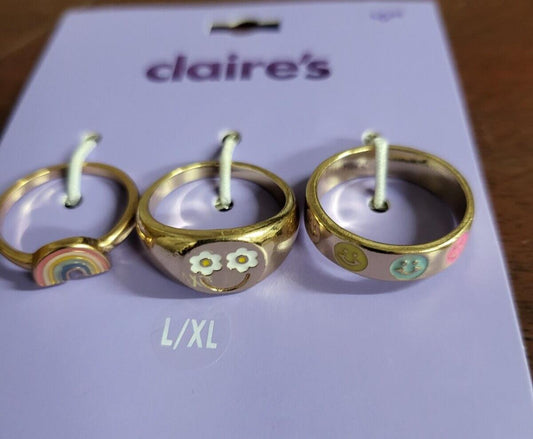 Claire's 3 Rings Gold Rainbows and Smiley Faces size 8.5 L/XL