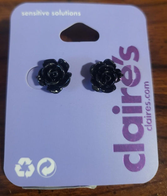 Claire's Pierced Earrings Black Roses ~3/8" Sensitive Solutions